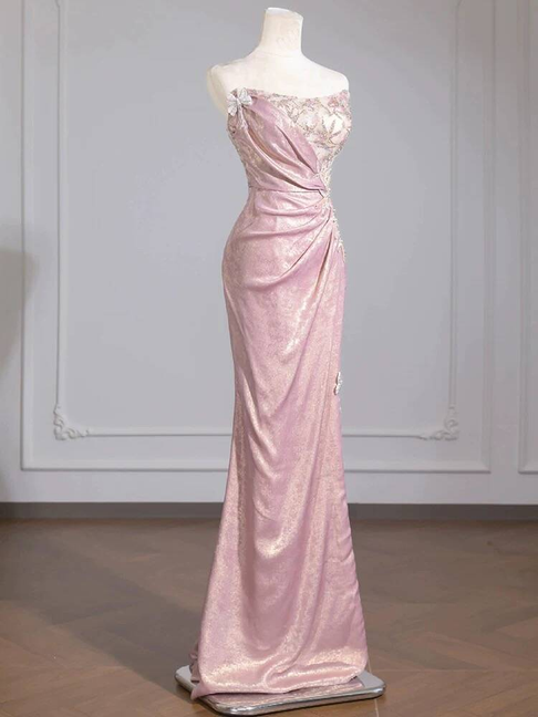 Sexy Mermaid Strapless Pink Sleeveless Sequin Long Prom Dresses Party Dress 21st Birthday Outfits Graduation Dress AU274