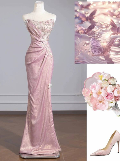 Sexy Mermaid Strapless Pink Sleeveless Sequin Long Prom Dresses Party Dress 21st Birthday Outfits Graduation Dress AU274