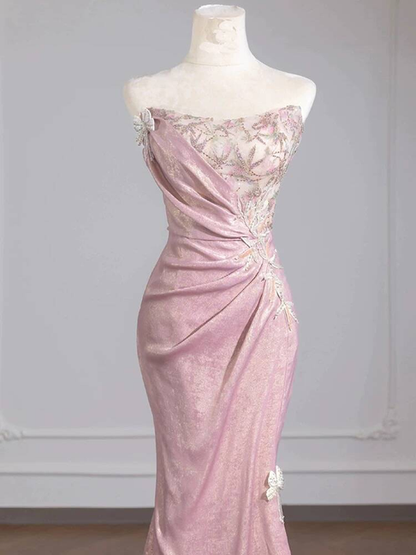 Sexy Mermaid Strapless Pink Sleeveless Sequin Long Prom Dresses Party Dress 21st Birthday Outfits Graduation Dress AU274
