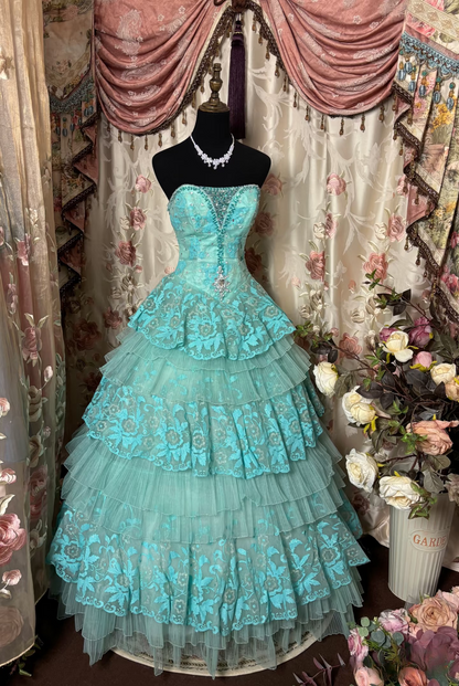 Vintage Ball Gown Strapless Blue Tulle With Beads Prom Dress Long Quinceanera Dresses Sweet 15 16 Gown AU274