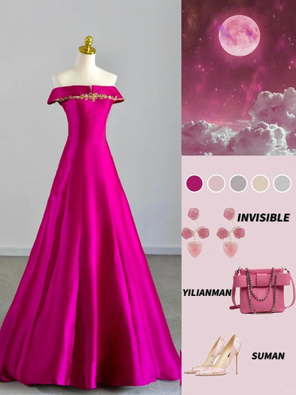 Pretty Ball Gown Off The Shoulder Hot Pink With Beading Prom Dresses Long Evening Party Formal Outfits RB6656