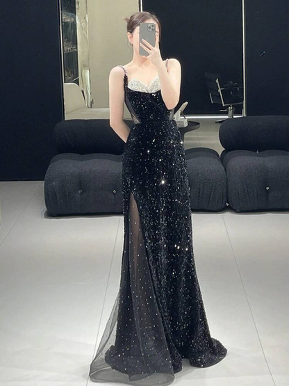 Modest Mermaid Spaghetti Straps Sequin Black Long Prom Dresses Party Dress 21st Birthday Outfits Graduation Dress AU275