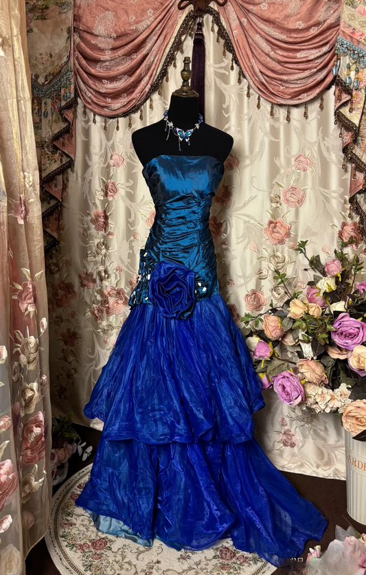 Elegant Mermaid Strapless Navy Blue Sleeveless  Taffeta Ruched Pleated Long Formal Prom Dresses Party Gowns AU275