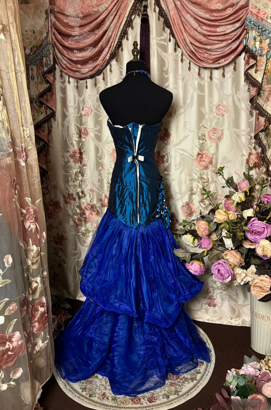 Elegant Mermaid Strapless Navy Blue Sleeveless  Taffeta Ruched Pleated Long Formal Prom Dresses Party Gowns AU275