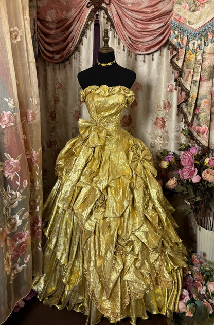 Vintage Ball Gown Strapless Gold With Beads Prom Dress Long Quinceanera Dresses Sweet 15 16 Birthday Gown AU276