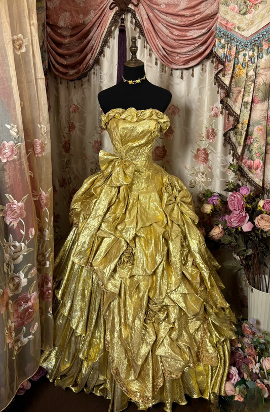 Vintage Ball Gown Strapless Gold With Beads Prom Dress Long Quinceanera Dresses Sweet 15 16 Birthday Gown AU276