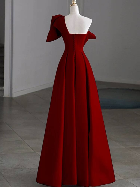 Modest A Line One Shoulder Red Satin Long Prom Dresses Inspiration Party Dress Princess Graduation Dress AU277
