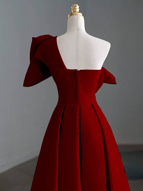 Modest A Line One Shoulder Red Satin Long Prom Dresses Inspiration Party Dress Princess Graduation Dress AU277
