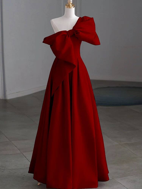 Modest A Line One Shoulder Red Satin Long Prom Dresses Inspiration Party Dress Princess Graduation Dress AU277