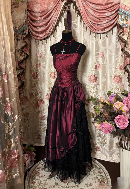 Modest A line Spaghetti Strap Burgundy Dark Red Organza Long Prom Dresses Party Birthday Evening Gowns AU277