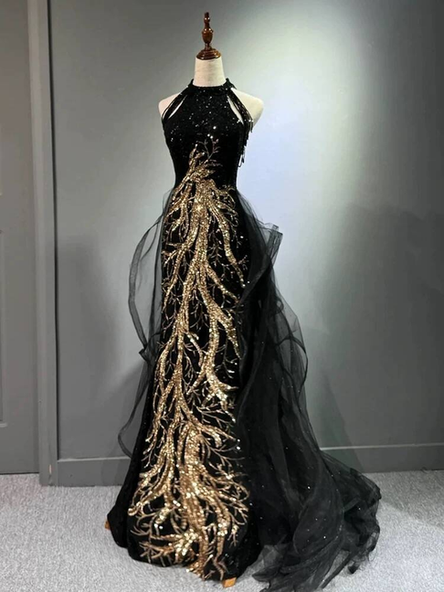 Modest Mermaid Scoop Sequin Black With Gold Lace Long Prom Dresses Party Dress 21st Birthday Outfits Graduation Dress AU278