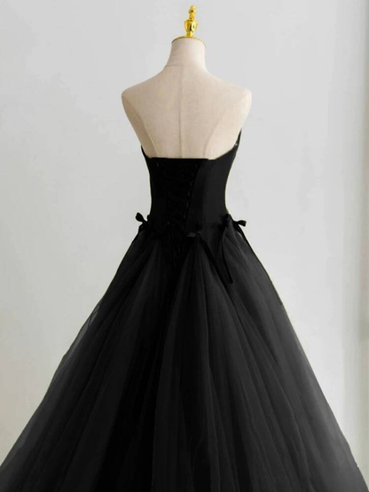 Classy Ball Gown Strapless Black Tulle Long Prom Dresses Party Dress 21st Birthday Outfits Graduation Dress AU279