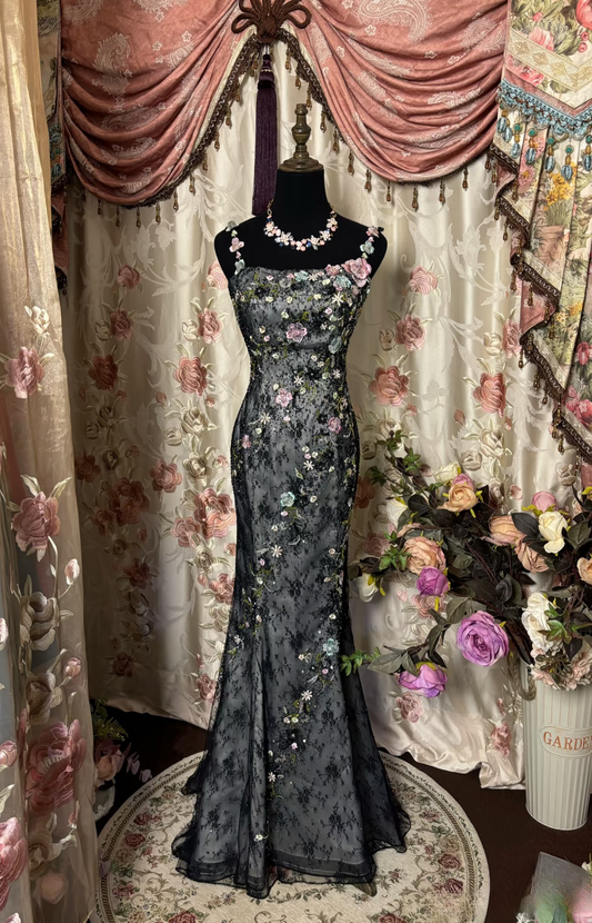 Vintage Mermaid Spaghetti Strap Gray Tulle With Beads Gem Long Prom Dresses Formal Party Teens Evening Gowns AU279
