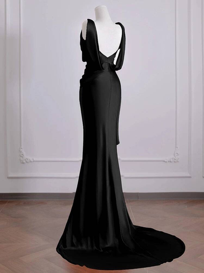 Sexy Mermaid Black Sleeveless Satin Long Prom Dresses Party Dress 21st Birthday Outfits Graduation Dress AU280