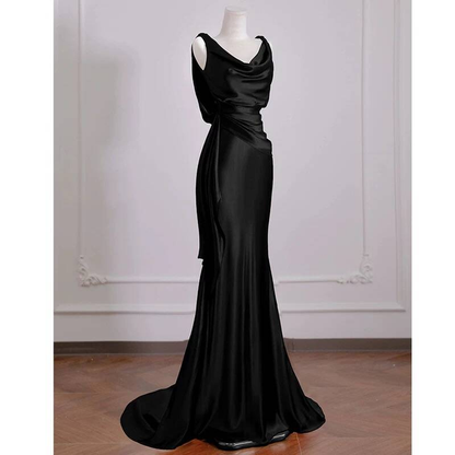 Sexy Mermaid Black Sleeveless Satin Long Prom Dresses Party Dress 21st Birthday Outfits Graduation Dress AU280