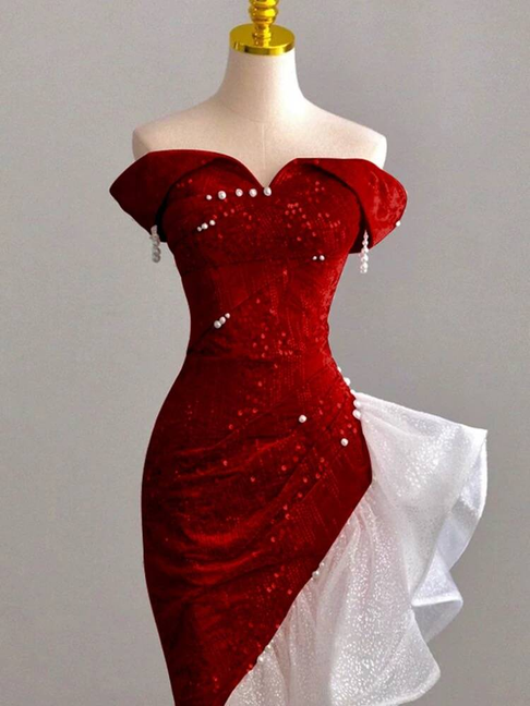Sparkle Mermaid Irregular Off The Shoulder Red Sequin Prom Dresses Party Dress 21st Birthday Outfits Graduation Dress AU281