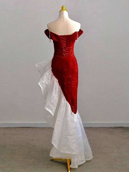 Sparkle Mermaid Irregular Off The Shoulder Red Sequin Prom Dresses Party Dress 21st Birthday Outfits Graduation Dress AU281