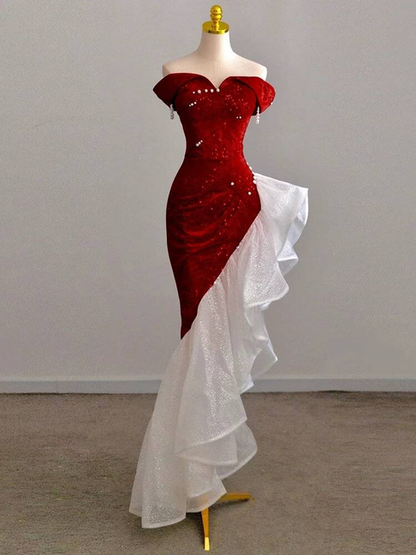 Sparkle Mermaid Irregular Off The Shoulder Red Sequin Prom Dresses Party Dress 21st Birthday Outfits Graduation Dress AU281