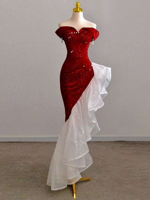 Sparkle Mermaid Irregular Off The Shoulder Red Sequin Prom Dresses Party Dress 21st Birthday Outfits Graduation Dress AU281