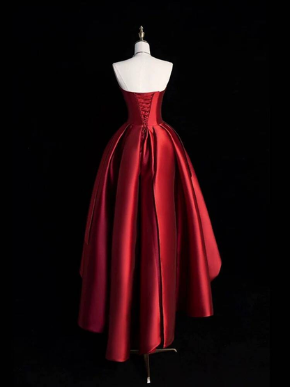 Vintage Ball Gown Strapless Burgundy Satin Prom Dresses Party Dress 21st Birthday Outfits Graduation Dress AU283