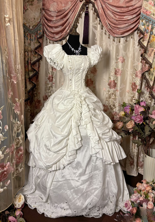 Retro Ball Gown Square Neck Satin Ivory 70s Fitted Corset Bride Gown Long Wedding Dresses Brides Dress AU283