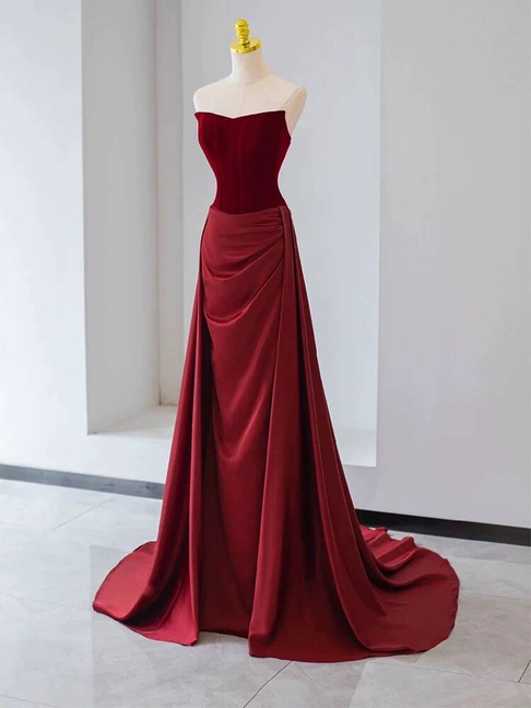 Modest Mermaid Strapless Red Long Prom Dresses Party Dress 21st Birthday Outfits Graduation Dress AU284