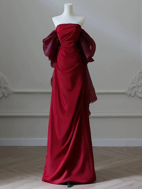 Modest Mermaid Strapless Burgundy Long Prom Dresses Party Dress 21st Birthday Outfits Graduation Dress AU284