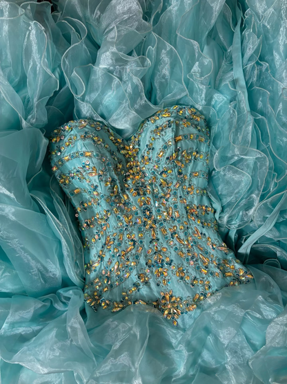 Vintage Ball Gown Sweetheart Blue With Gold Beads Ruffle Layers Long Quinceanera Dresses Sweet 15 16 Birthday Gown AU284
