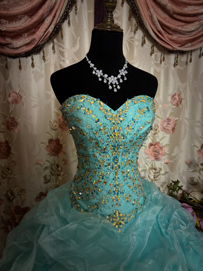 Vintage Ball Gown Sweetheart Blue With Gold Beads Ruffle Layers Long Quinceanera Dresses Sweet 15 16 Birthday Gown AU284