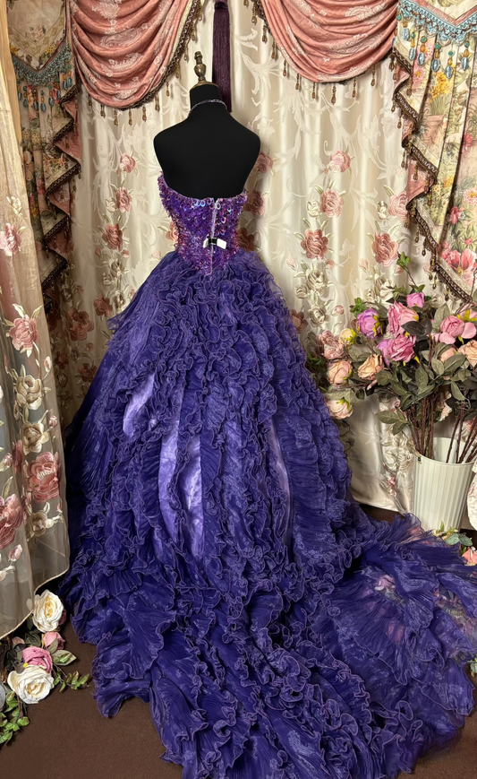Vintage Ball Gown Sweetheart Purple With Beads Ruffle Layers Long Quinceanera Dresses Sweet 15 16 Birthday Gown AU286