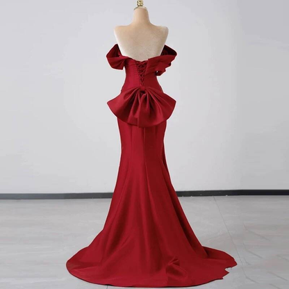 Modest Mermaid Off The Shoulder Red Satin Prom Dresses Party Dress 21st Birthday Outfits Graduation Dress AU287