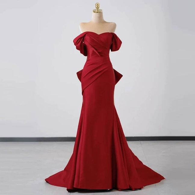 Modest Mermaid Off The Shoulder Red Satin Prom Dresses Party Dress 21st Birthday Outfits Graduation Dress AU287