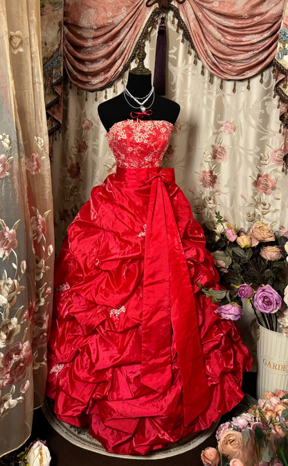 Vintage Ball Gown Strapless Red With Appliques Ruffle Layers Long Quinceanera Dresses Sweet 15 16 Birthday Gown AU287