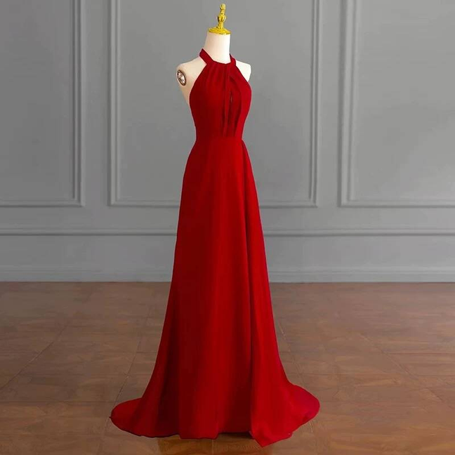 Modest A Line Halter Red Chiffon Long Prom Dresses Inspiration Party Dress Princess Graduation Dress AU288