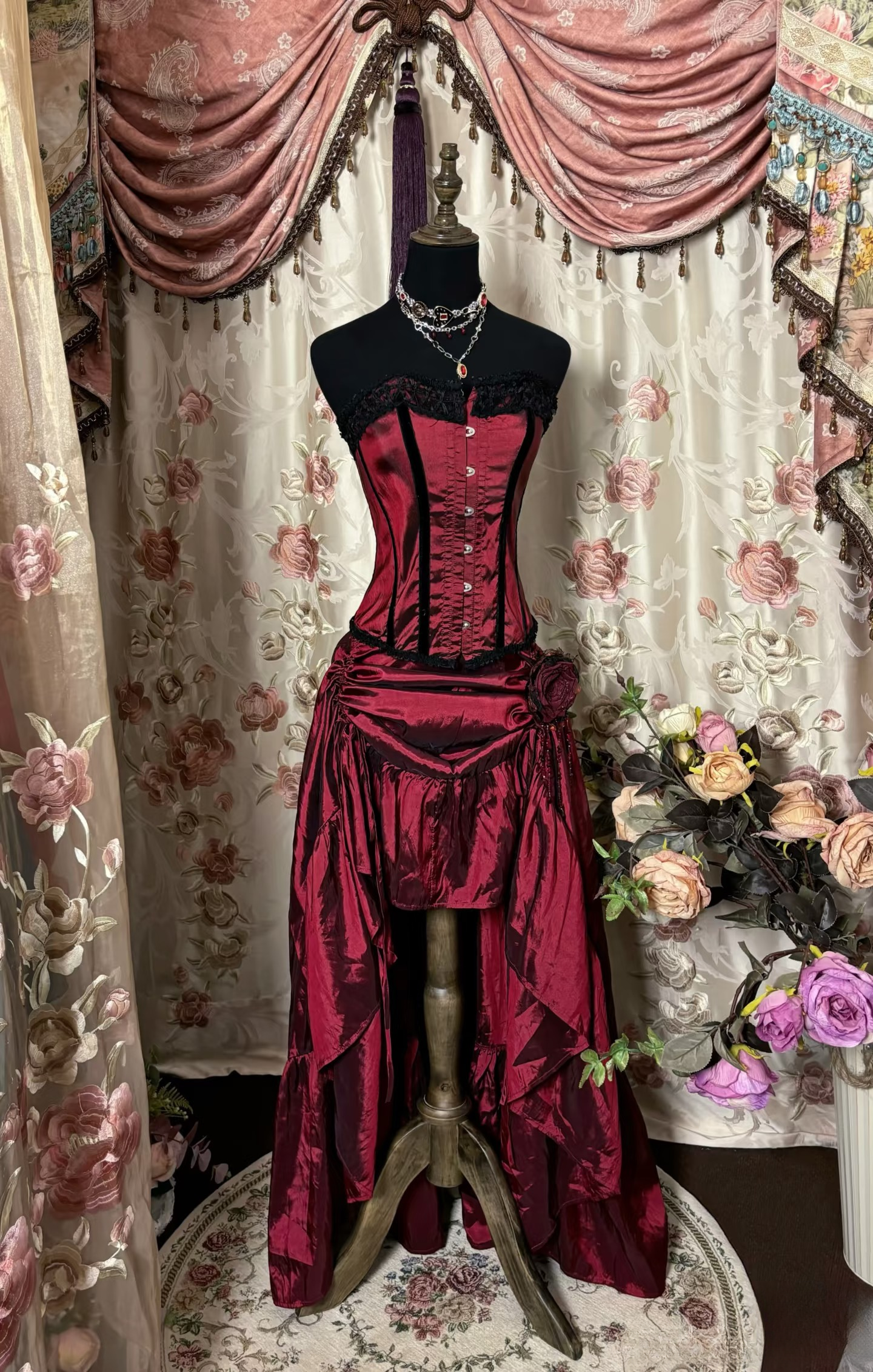 Vintage High Low Sleeveless Burgundy Taffeta Long Prom Dresses Formal Evening Gowns AU289