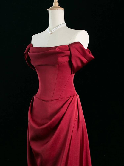 Modest A Line Off The Shoulder Burgundy Satin Prom Dresses Party Dress 21st Birthday Outfits Graduation Dress AU290