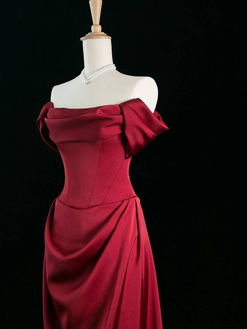 Modest A Line Off The Shoulder Burgundy Satin Prom Dresses Party Dress 21st Birthday Outfits Graduation Dress AU290