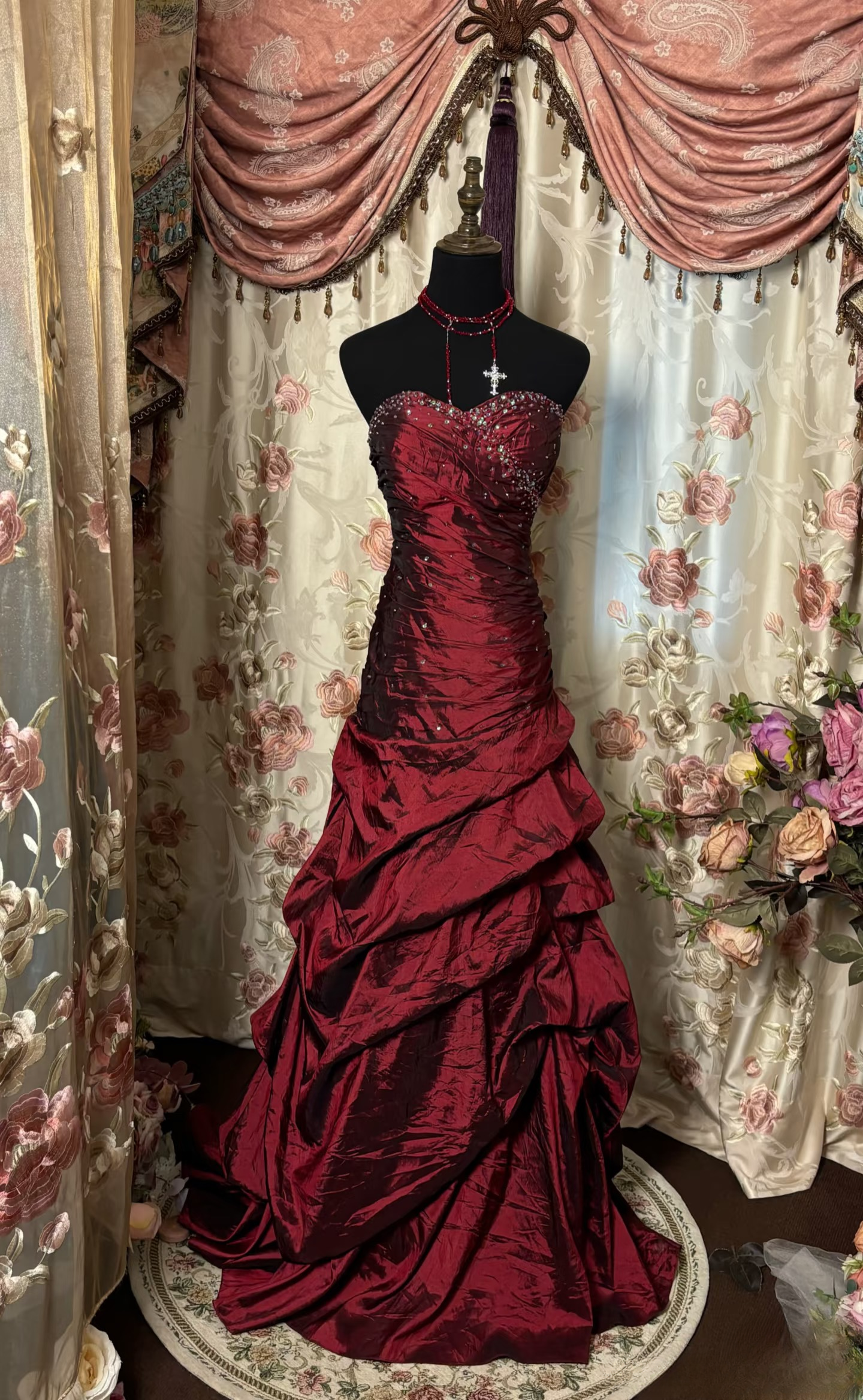 Vintage Mermaid Sweetheart Sleeveless With Silver Beads Burgundy Taffeta Long Prom Dresses Formal Evening Gowns AU290