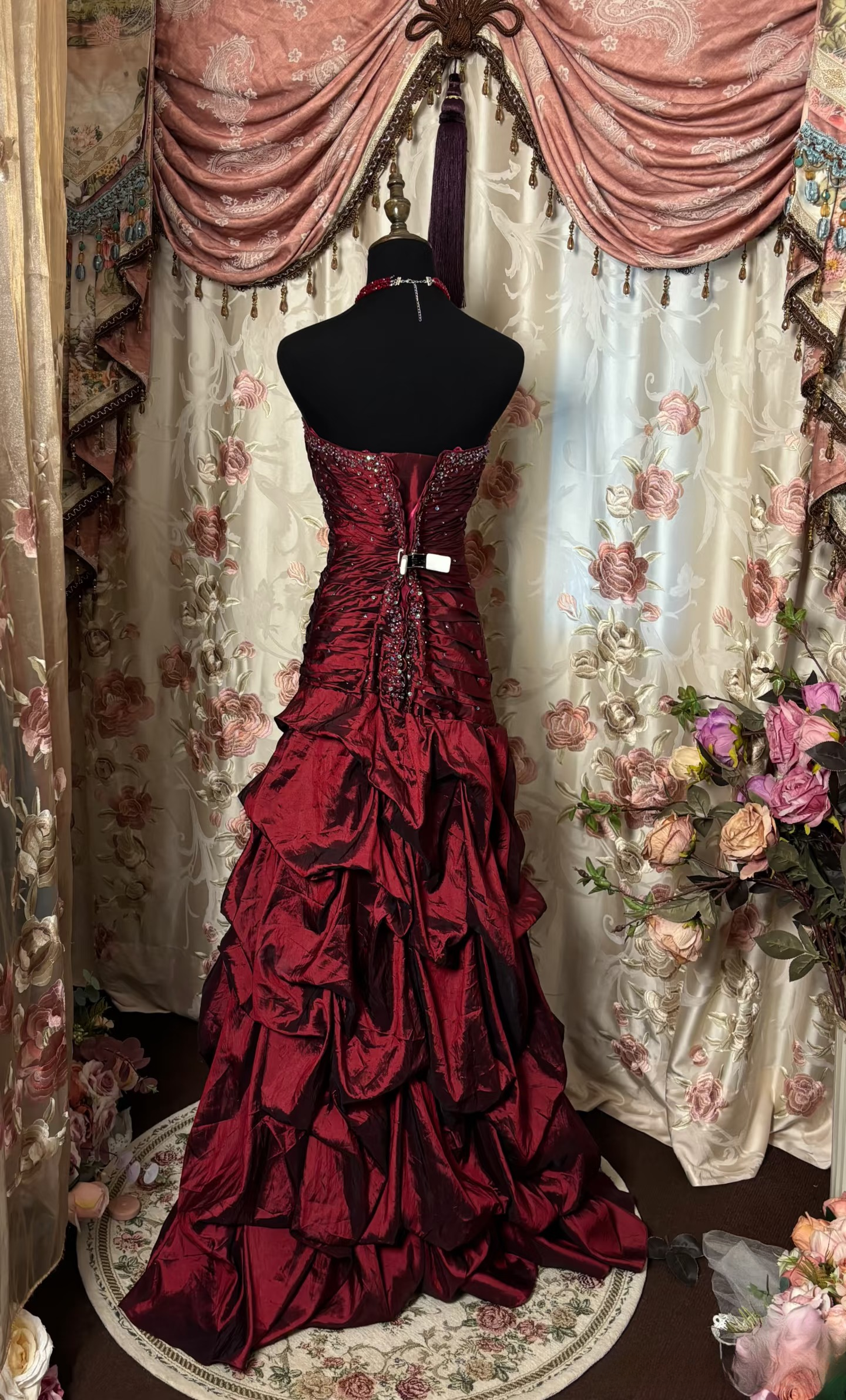 Vintage Mermaid Sweetheart Sleeveless With Silver Beads Burgundy Taffeta Long Prom Dresses Formal Evening Gowns AU290
