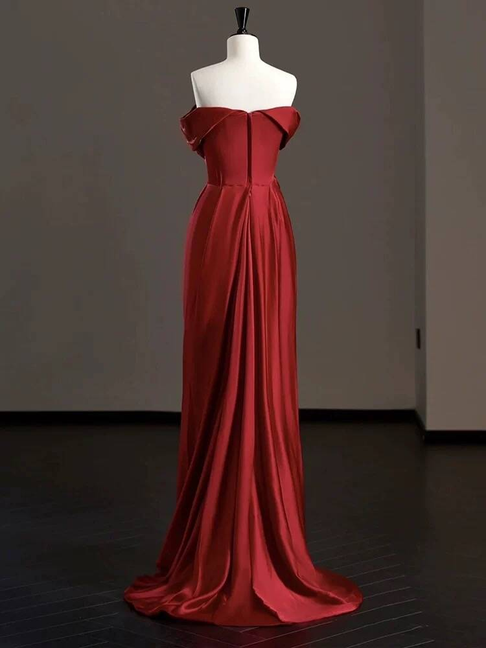 Modest Mermaid Off The Shoulder Burgundy Satin Prom Dresses Party Dress 21st Birthday Outfits Graduation Dress AU291