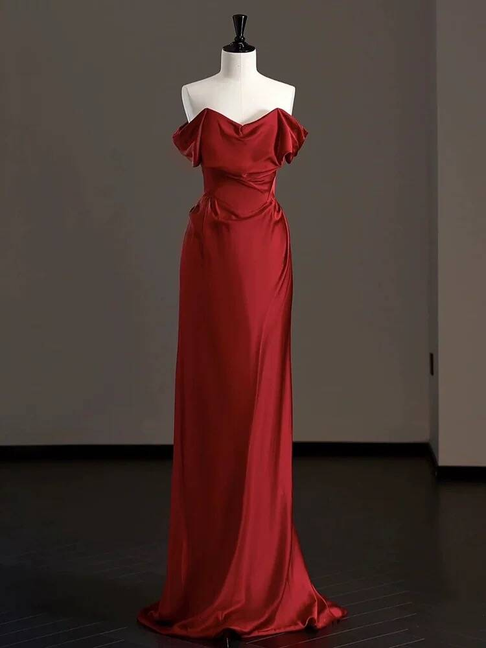 Modest Mermaid Off The Shoulder Burgundy Satin Prom Dresses Party Dress 21st Birthday Outfits Graduation Dress AU291