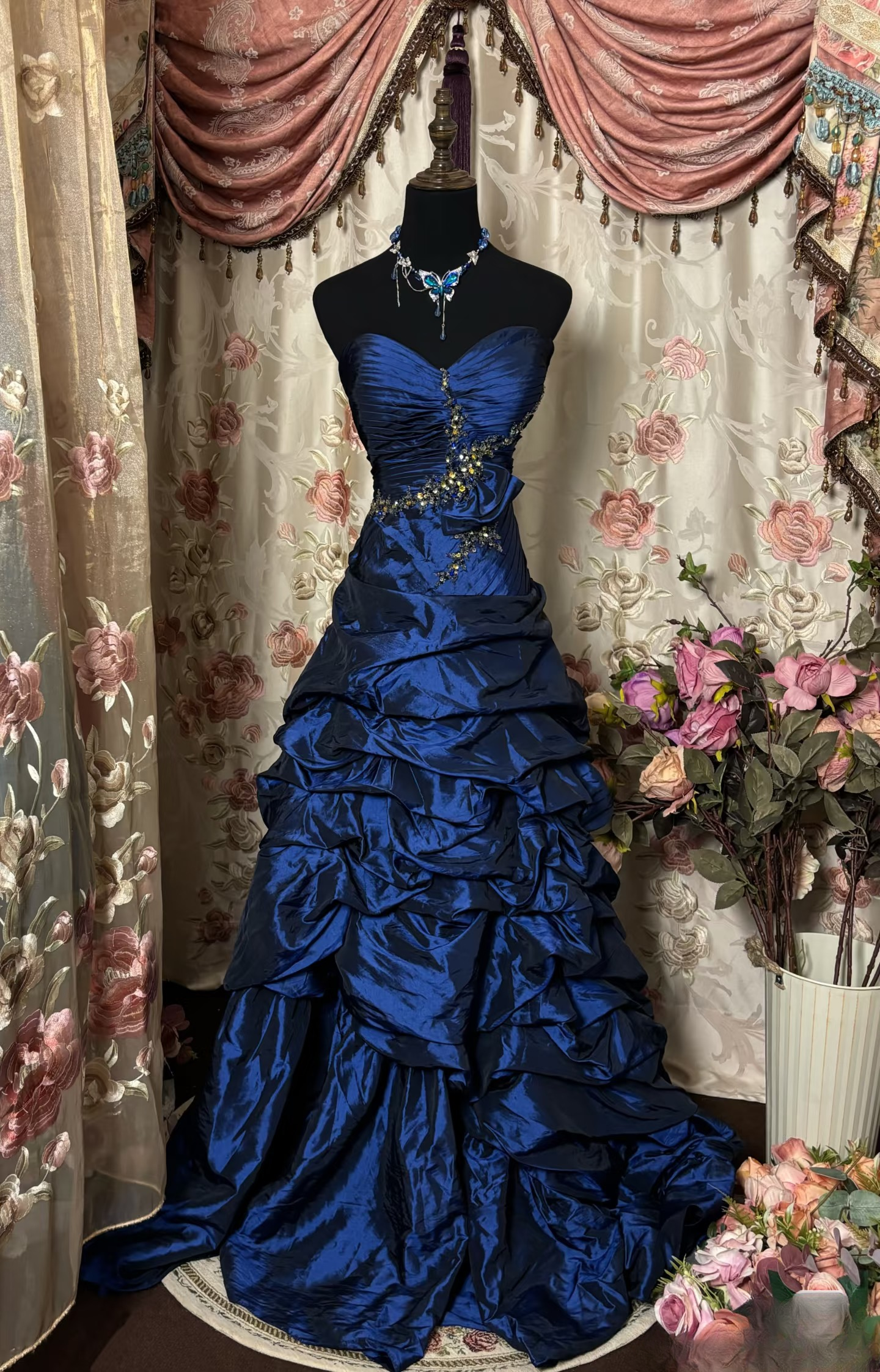 Vintage Mermaid Sweetheart 70s Sleeveless With Silver Beads Royal Blue Taffeta Long Prom Dresses Formal Evening Gowns AU291