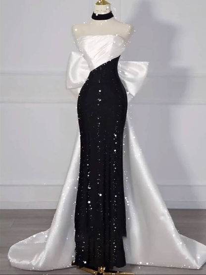 Modest Mermaid Strapless Black Sequin Prom Dresses Party Dress 21st Birthday Outfits Graduation Dress AU292