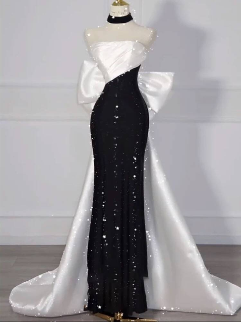 Modest Mermaid Strapless Black Sequin Prom Dresses Party Dress 21st Birthday Outfits Graduation Dress AU292