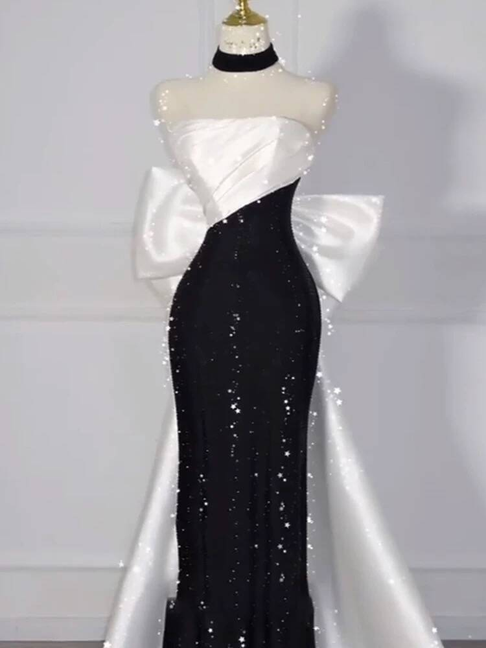 Modest Mermaid Strapless Black Sequin Prom Dresses Party Dress 21st Birthday Outfits Graduation Dress AU292