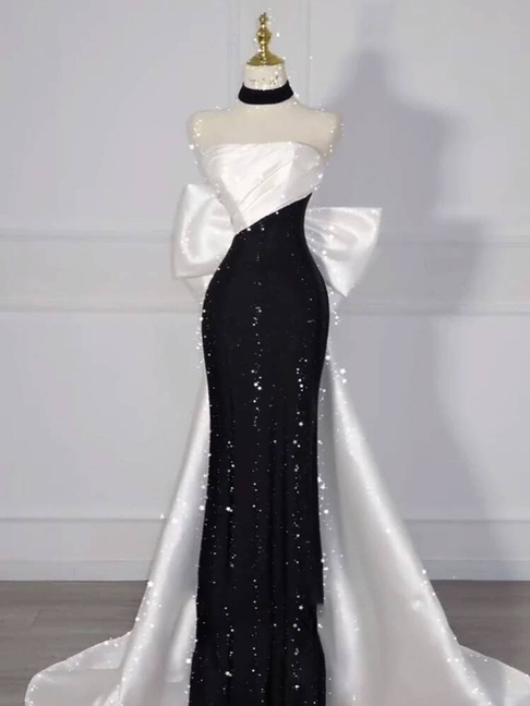 Modest Mermaid Strapless Black Sequin Prom Dresses Party Dress 21st Birthday Outfits Graduation Dress AU292