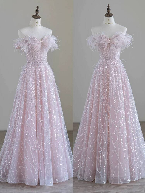 Beautiful A line Off The Shoulder Sequin Light Pink Prom Dresses Inspiration Prom Dress Princess Graduation Dress AU295