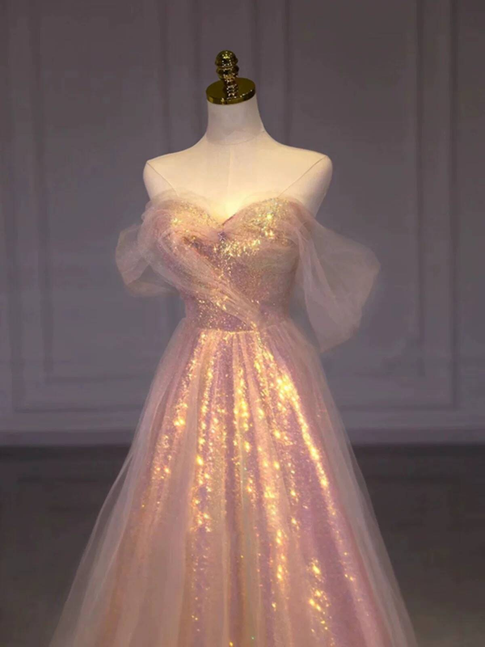 Beautiful A line Off The Shoulder Sequin Blush Pink Prom Dresses Inspiration Prom Dress Princess Graduation Dress AU296
