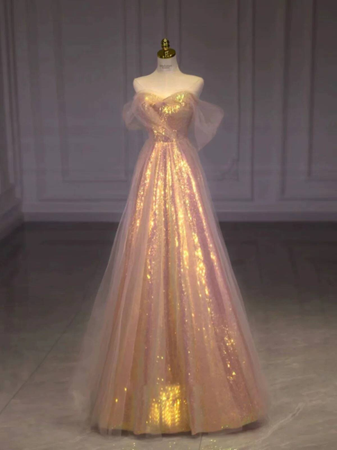 Beautiful A line Off The Shoulder Sequin Blush Pink Prom Dresses Inspiration Prom Dress Princess Graduation Dress AU296