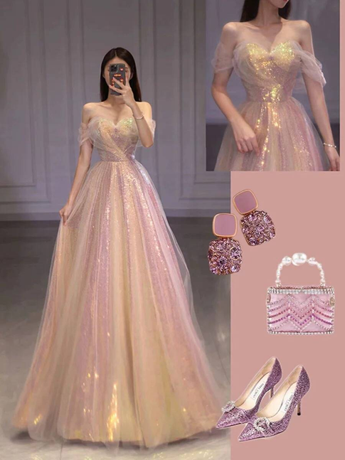 Beautiful A line Off The Shoulder Sequin Blush Pink Prom Dresses Inspiration Prom Dress Princess Graduation Dress AU296